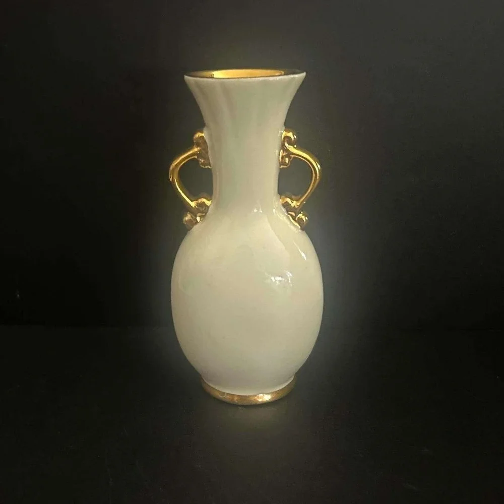 Tropical Palm Tree Gold Handles Vintage Bud Vase Cream Gold Trim Mid-Century
